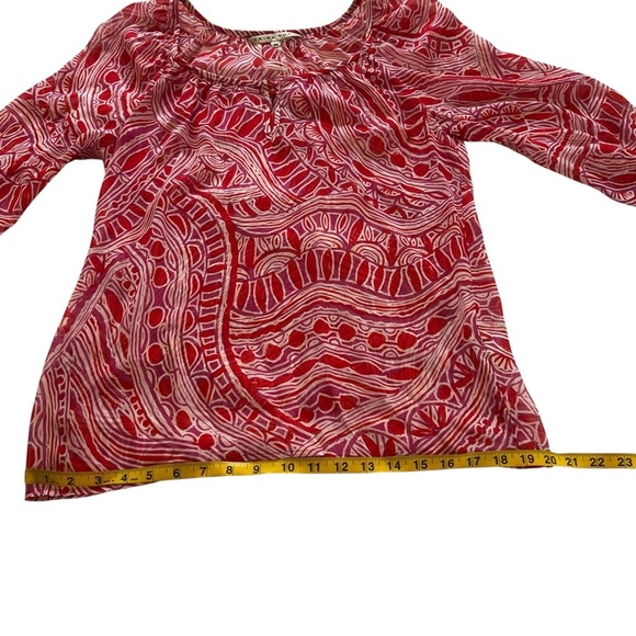 Trina Turk Silk Blend Printed Peasant Blouse keyhole neck relaxed semi sheer M - Picture 12 of 15